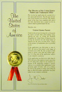 Letters Patent issued by the PTO to the inventor of a patent